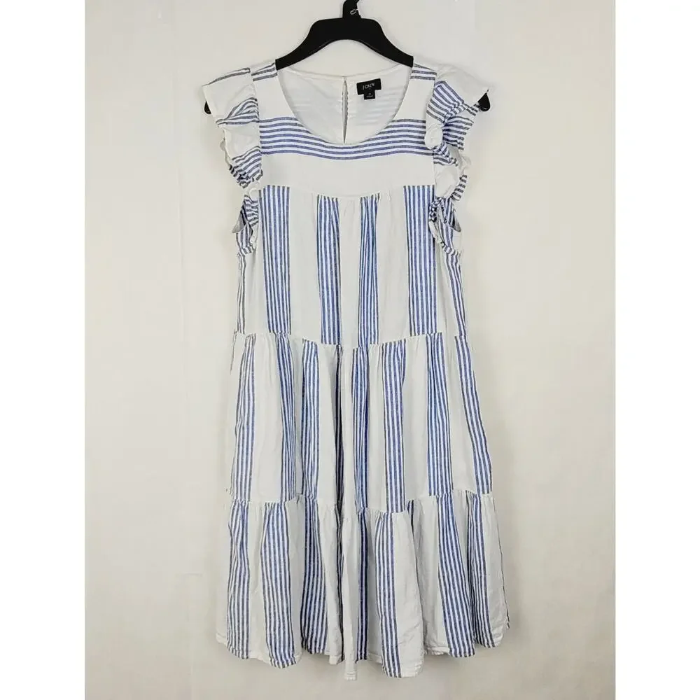 J.Crew linen blue striped ruffled sleeve babydoll dress SZ 4 resort coastal boho